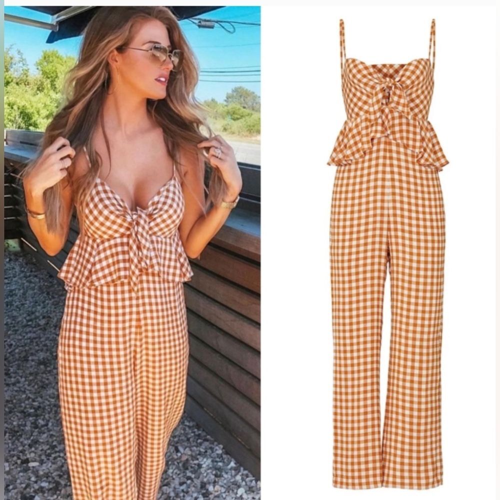Saylor Anthropology Laken crepe brown checked spaghetti straps Jumpsuit size S